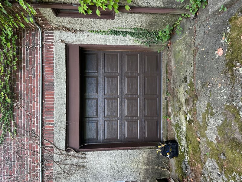 Dark brown raised-panel garage door on brick home with ivy